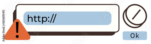 Address bar with URL field, warning triangle sign, and confirmation button, conveying online error or invalid input. Ideal for cybersecurity, data safety, network issues, UI design concepts, digital