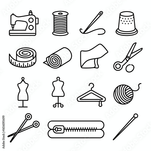 Sewing Elements Line Art Collection for DIY Projects and Fashion Design Concepts with Sewing Machine Thread and Accessories