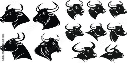 Black Line Bull Head Icons Set including Flat Animal Mascot Symbol Strength and Horned Beast Collection with Minimal Bull Face Icon Group for UI Web Farming Zodiac and Power Design Projects