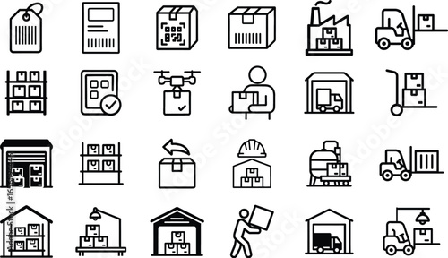 Black thin line warehouse and inventory vector icons, minimalist style on white. Includes warehouse, truck, shelves, pallet, forklift, trolley, boxes, container, dock, barcode, labels, parcel, worker