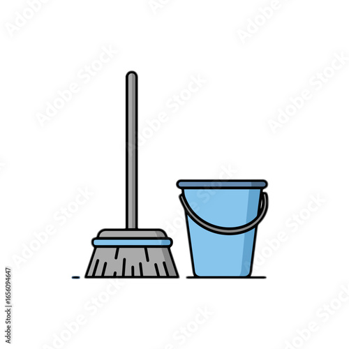Transparent background. Cleaning broom and blue bucket in simple flat design  