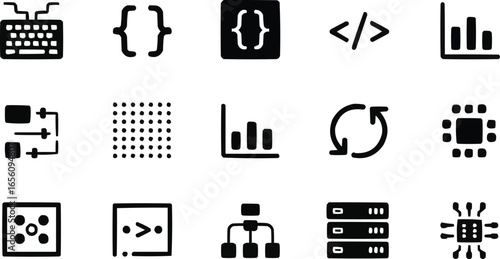 Set of linear vector icons related to programming and development representing keyboard brackets code chart refresh data server and chip symbolizing coding process and digital technology