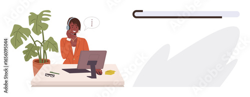 Smiling professional in headset engaging with customer, desk with computer, plant and shelf. Ideal for communication, assistance, support, consultancy, organization, customer care business