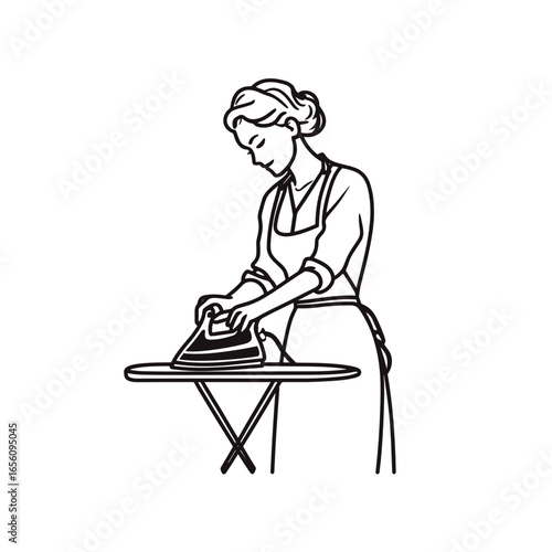 Woman ironing clothes in an apron standing at an ironing board  