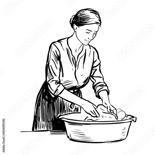 Woman washing clothes in basin while focused on task indoors  