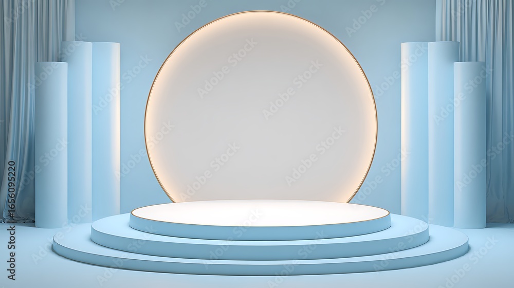 Fototapeta premium A light blue podium with a round backdrop and curtains is ideal for product presentations, awards ceremonies, or showcasing a winners achievement
