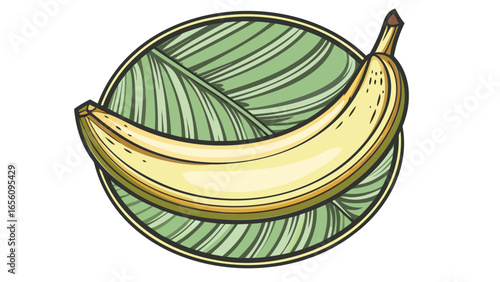 A banana fruit lying on a green leaf background in a circular frame with dark outline illustration