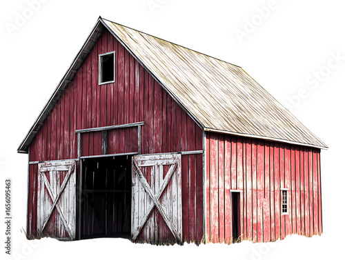 Rustic red wooden barn with weathered roof and large open doors isolated on transparent background