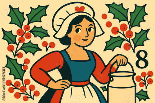 Eight maids-a-milking. The twelve days of Christmas. English Christmas carol. Fourth day. Vector isolated illustration. Cute milkmaid with jar of milk