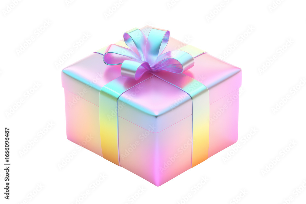 Fototapeta premium Holographic gift box with ribbon isolated on transparent background. Gradient gift box holographic Iridescent isolated on white background, 3d rendering.