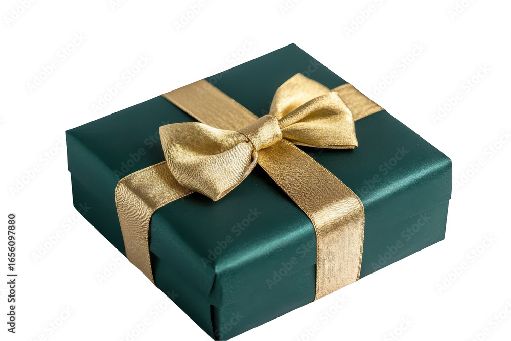 Fototapeta premium Elegant dark green gift box with gold ribbon and bow isolated on transparent background. Green gift box isolated on white background.