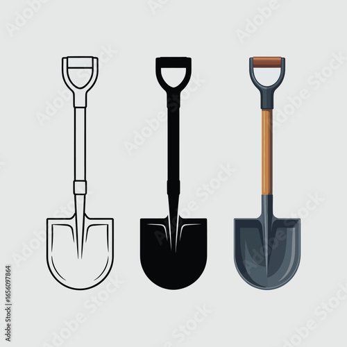Three different styles of shovels including a sketch a black shovel and a realistic shovel