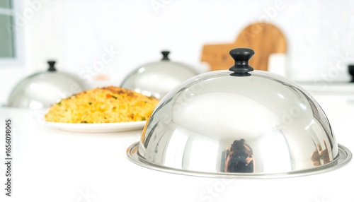 A stainless steel serving dome covers a plate of food.