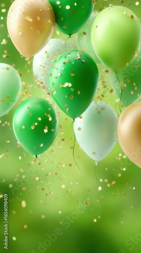 Colorful balloons float against a vibrant green background, creating a festive atmosphere filled with golden confetti