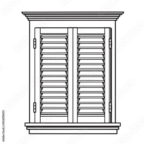 Elegant vector illustration of classic window with louvered shutters in black and white