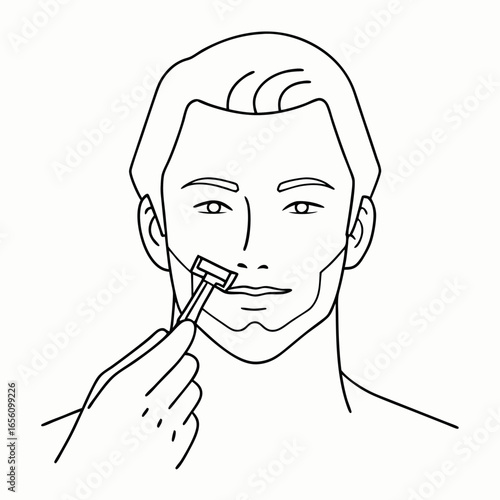 Man shaving face with razor for personal grooming and facial hygiene in outline with copy space for men's grooming day