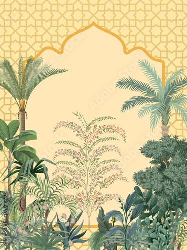 Traditional Mughal Wedding Card Illustration, Indian Wedding, Arch, Mughal Garden Illustration.