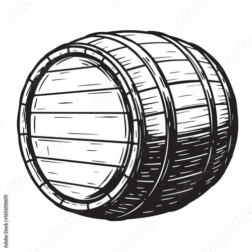Hand drawn illustration of a wooden barrel representing vintage alcohol storage and winemaking