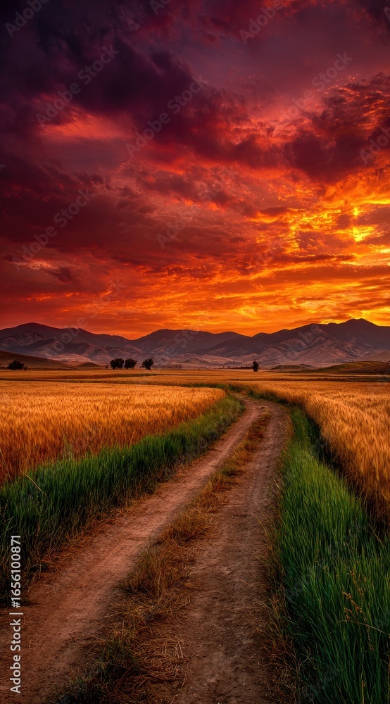 Fototapeta premium Dramatic sunset over a golden wheat field path
