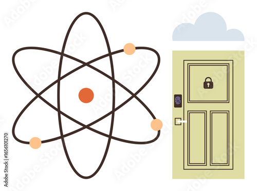 Atom structure with orbiting electrons next to a locked digital door. Ideal for STEM, research, security, innovation, education, technology, and simple flat metaphor
