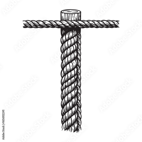 Hand-drawn illustration of a thick rope entwined around a wooden post on white background