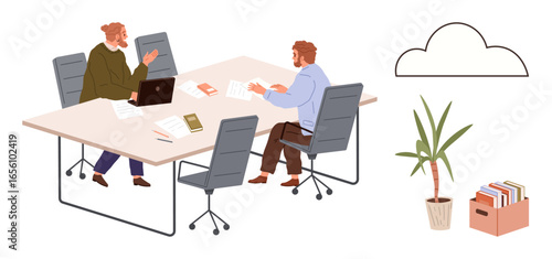 Two colleagues collaborating at a shared office desk with papers, a laptop, potted plant, and storage box. Ideal for teamwork, collaboration, business strategy, office environment, project planning