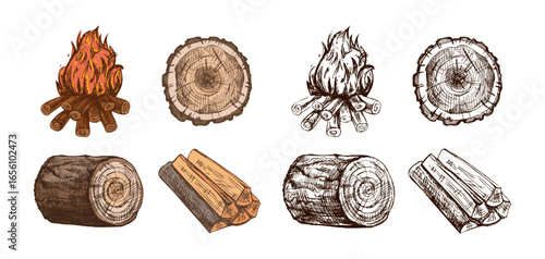 Hand drawn vintage sketch of firewood, burning campfire, log and tree stump in brown ink and color style