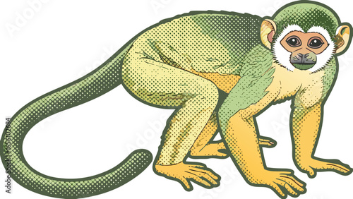 Illustration of a squirrel monkey with green and yellow fur in a crouching position with a long tail