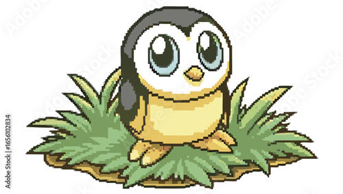 Pixelated baby penguin with large eyes sitting in a patch of grass in a digital art style