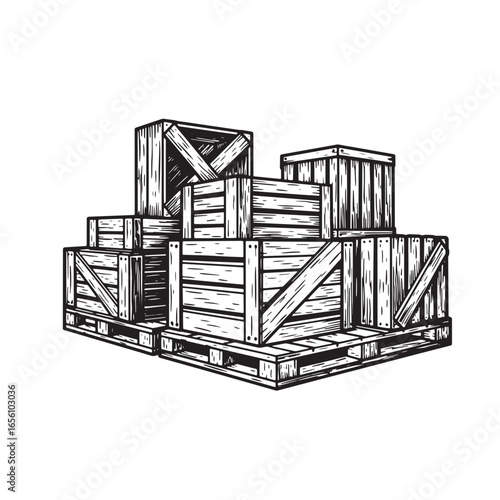 Illustration of stacked wooden crates on pallets in detailed black and white style