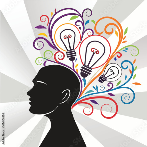 Woman's profile vector illustration with a light bulb above her head for a symbol of a brilliant idea
