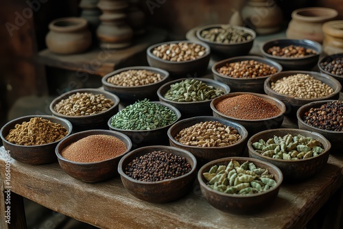 A vibrant display of whole spices, including cumin seeds, coriander seeds, and cardamom pods, arranged in small bowls