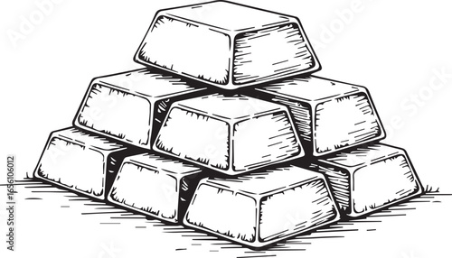 Gold Bars Stacked: A hand-drawn illustration of gleaming gold bars stacked neatly, suggesting wealth, security, and financial prosperity. The image conveys a sense of value, investment.