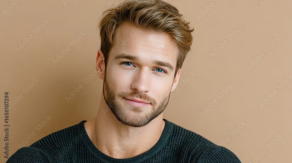 Obraz premium Male model poses confidently in a fitted dark green long-sleeved shirt against a simple beige background, capturing an elegant style