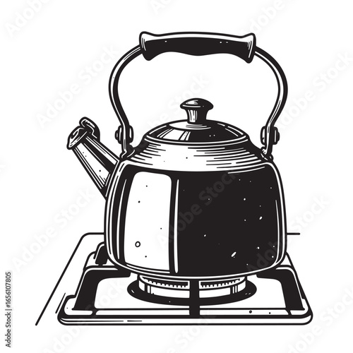 Vintage style illustrated teakettle on a stove top in a retro hand drawn design