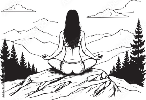 Meditation in Mountain Majesty: A solitary figure finds serenity in a mountain setting, embracing the peace of meditation amidst the majesty of the peaks and serenity of the moment.