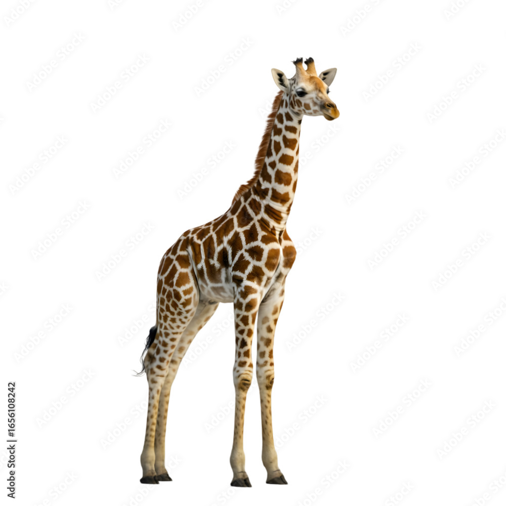 Obraz premium Graceful giraffe standing tall isolated on transparent background, showcasing its beautiful pattern