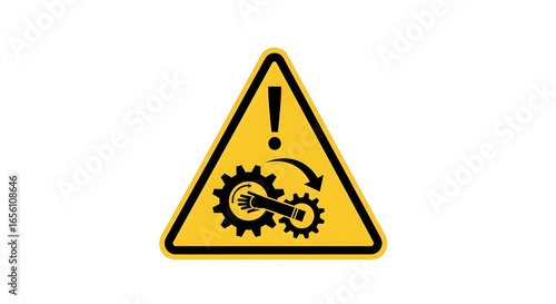 A yellow triangular warning sign indicating an entanglement hazard with rotating gears. Industrial safety symbol for moving machinery isolated on white