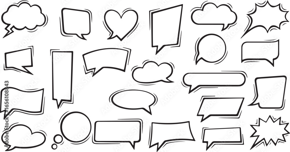 Obraz premium love speech bubbles, heart doodle icons, cloud talk balloons, romantic doodle set, hand drawn love bubbles, sketch cloud balloons, heart message icons, doodle romantic elements, cartoon cloud doodles,