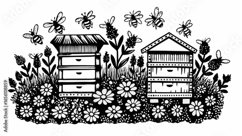 Illustration of two beehives surrounded by flowers and plants with bees flying around them in black and white |  editable eps vectors silhouette