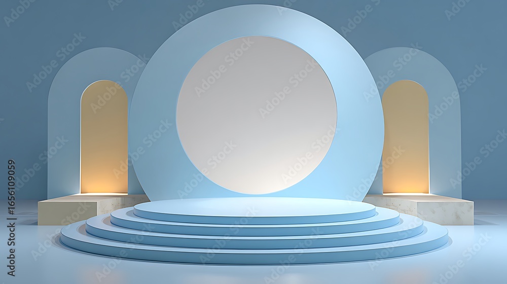 Fototapeta premium Modern blue round stage with golden accents, ideal for product presentation, offering a minimal and stylish display with ample copy space for designs