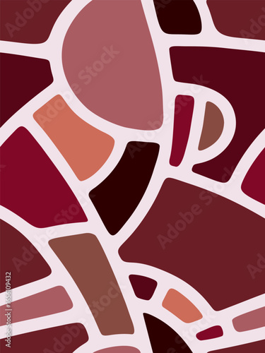 Sophisticated abstract vector seamless background with decorative stained glass shapes in burgundy, rose and terracotta shades