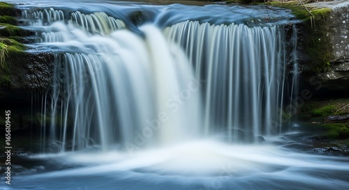 Serene Waterfall Cascading Over Mossy Rocks in Long Exposure Photography