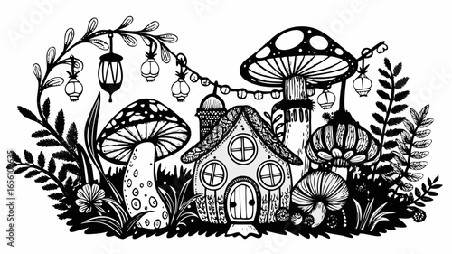 Illustration of a whimsical mushroom house with hanging lanterns and surrounding foliage design element |  editable eps vectors silhouette