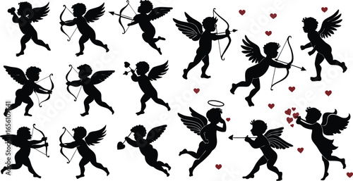 Black Line Cupid Icons Set including Flat Love Heart Arrow and Romantic Angel Symbol Collection with Minimal Cupid Icon Group for UI Web Valentine Affection and Wedding Design Projects