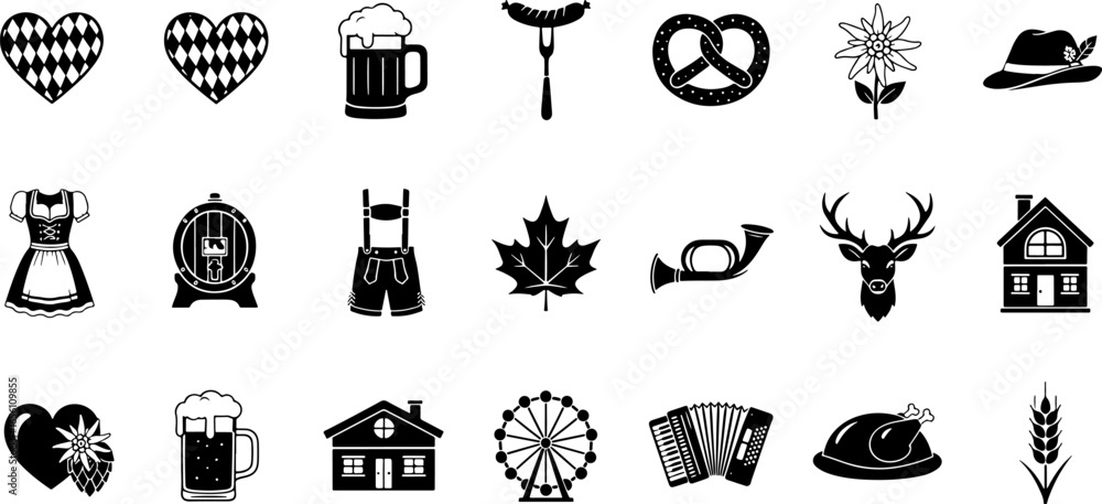 Fototapeta premium Oktoberfest Black-White Icons Set