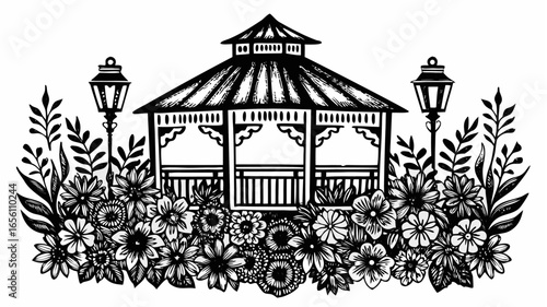 Illustration of a gazebo surrounded by flowers and flanked by two street lamps in black and white |  editable eps vectors silhouette