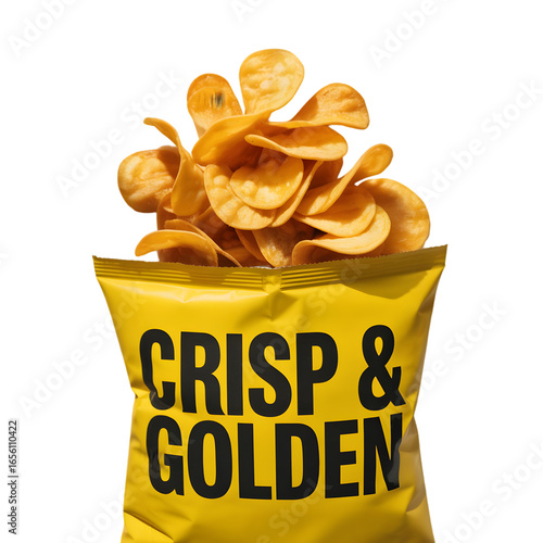 Yellow bag of crispy and golden potato chips isolated on transparent background