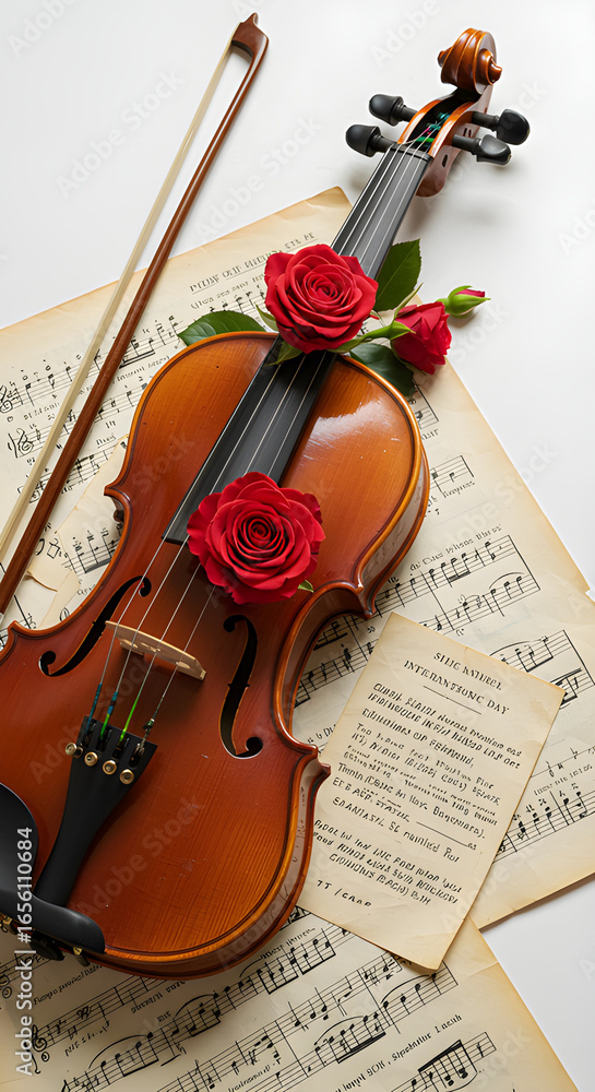 Fototapeta premium A romantic still life composition featuring a violin, roses, and sheet music