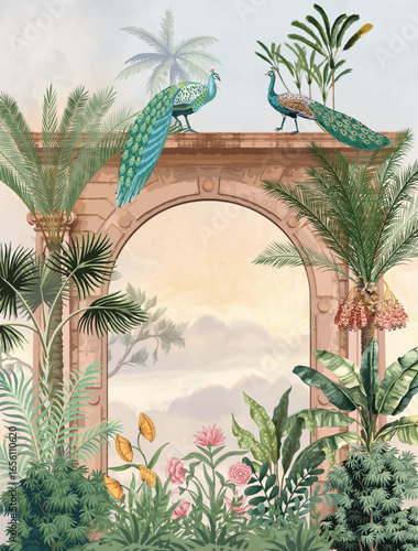 Mughal Arch with garden Illustration, Peacock, Elements,Of,The,Architecture,Of,Buildings,,Ancient,Arches,And,Columns,